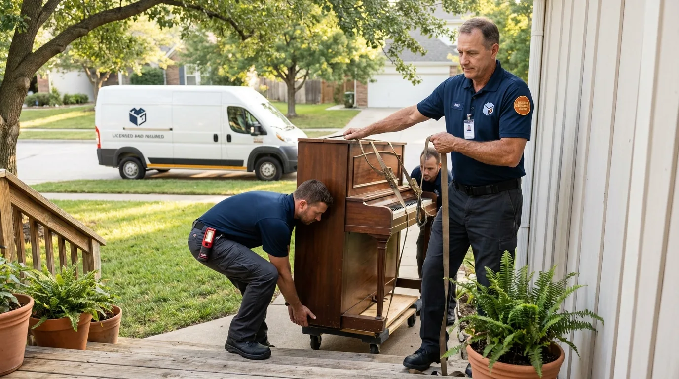 Licensed piano movers securing grand piano in Big Pine, CA