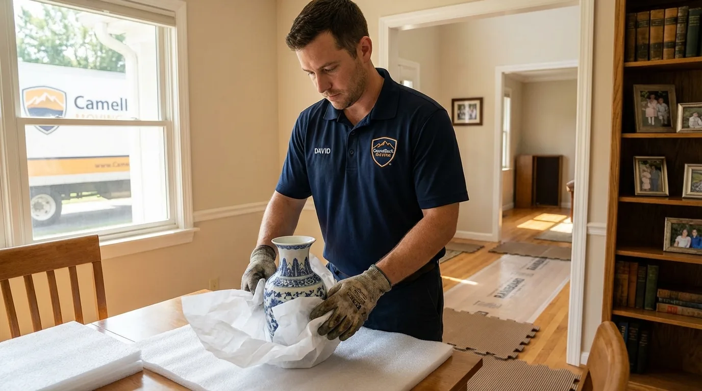 Professional crew carefully wrapping antique vase for senior downsizing move in Big Pine, CA