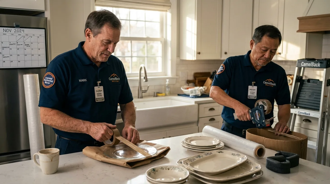 Professional crew packing kitchen dishware in Big Pine, CA